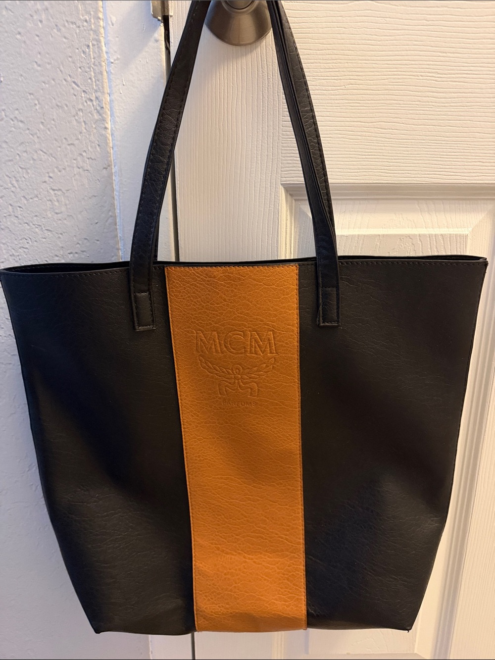 MCM Parfums Black Tote with Cognac Center Stripe